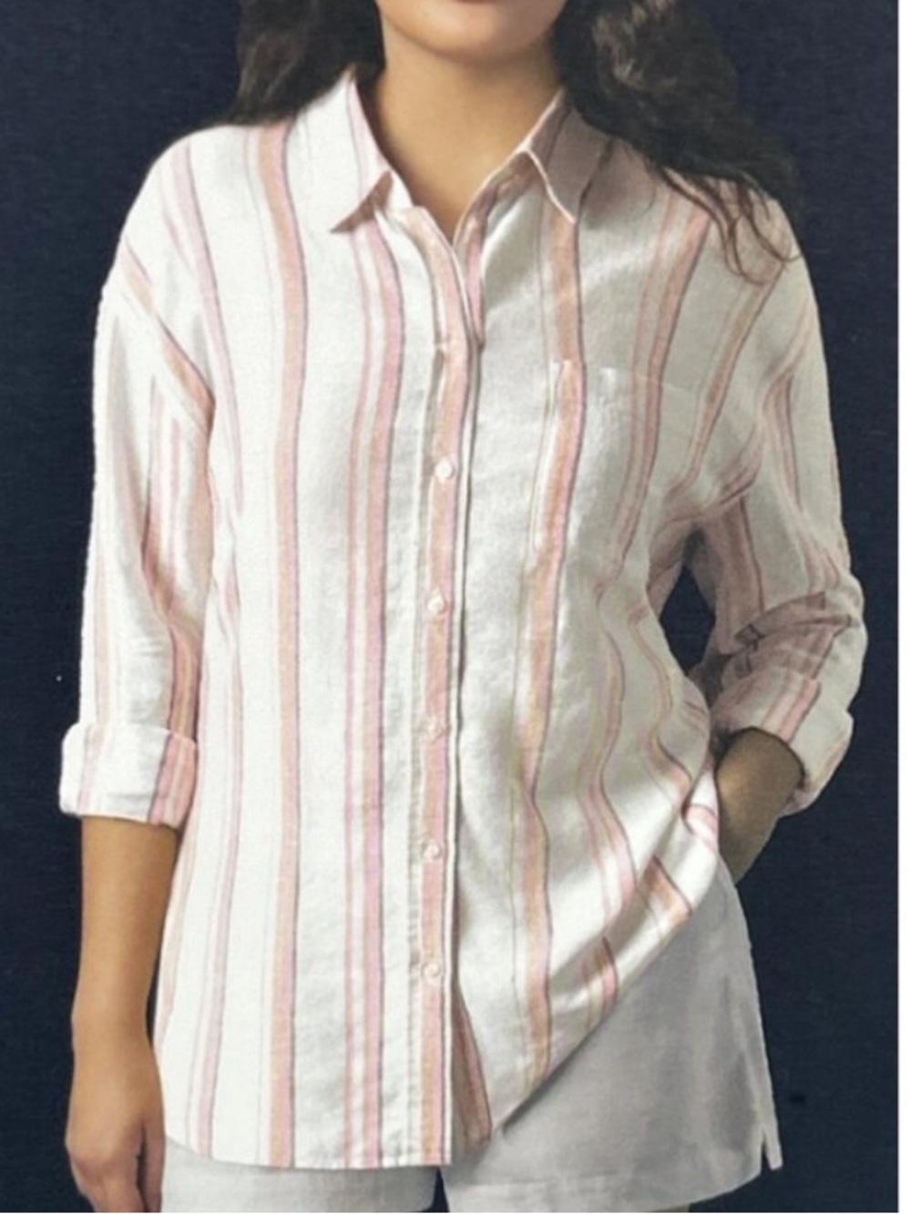 GAP Women’s Cream Pink Tan Gray Stripe Linen Rayon Button Down Shirt